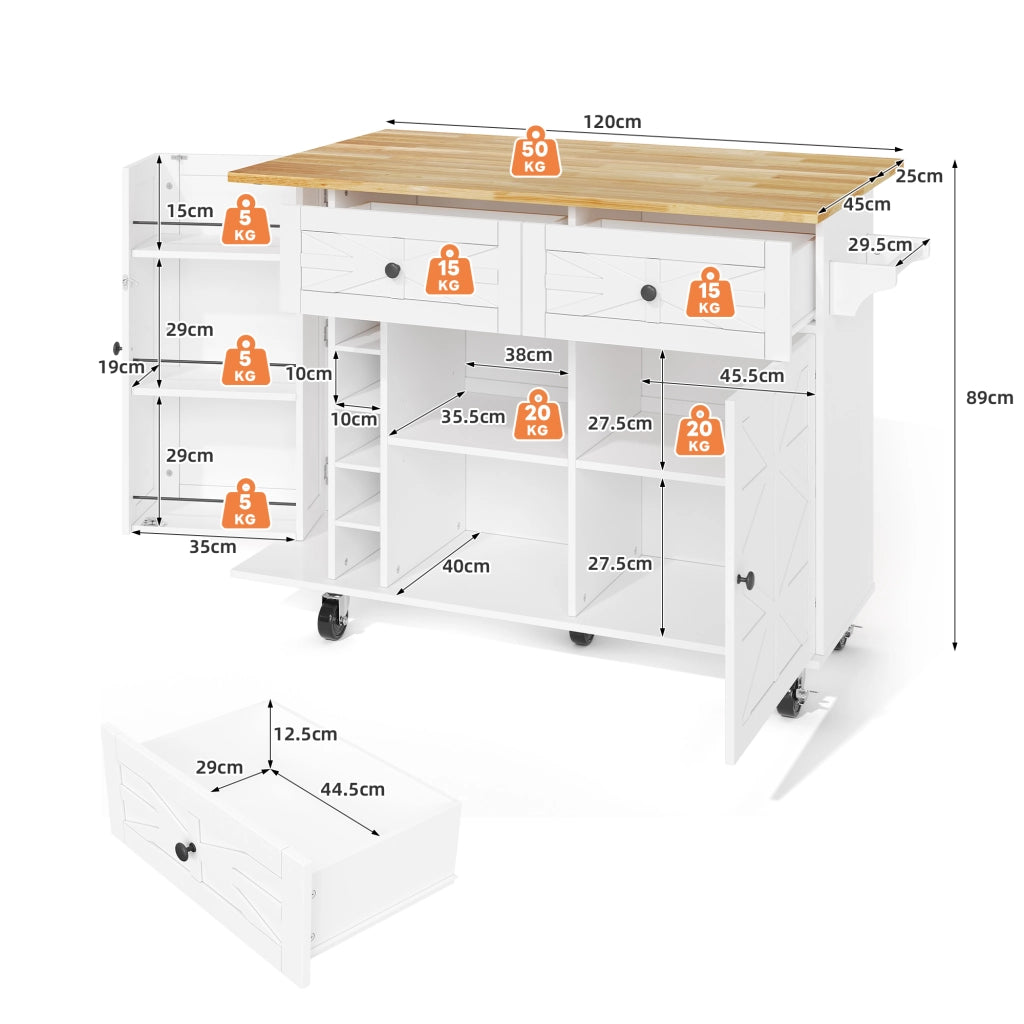 Isola Cucina con Piano Pieghevole e Ruote ¨C MINIMAL ¨C Bianco, 120x45x89 cm