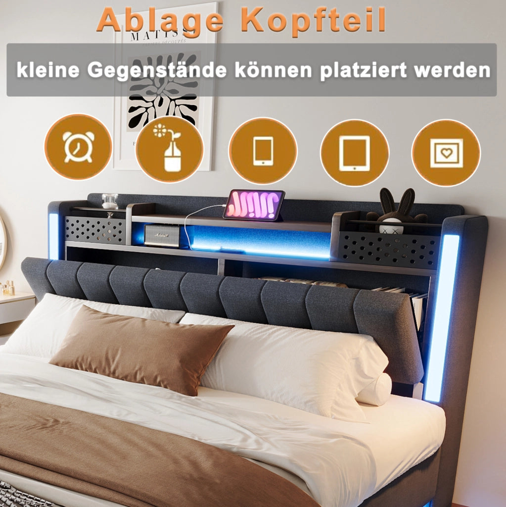 Letto matrimoniale imbottito 160x200 cm con LED; USB e testiera contenitore; grigio