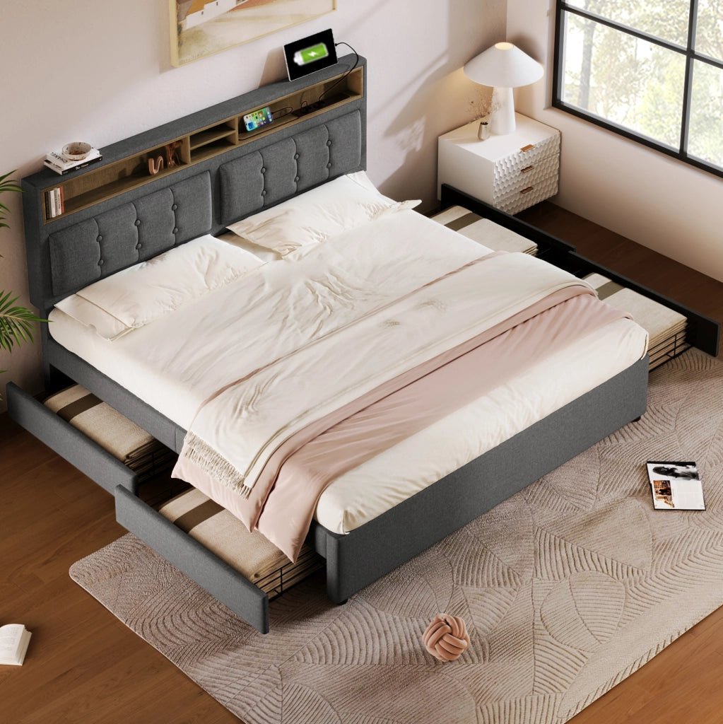 Letto imbottito 140x200 cm con 4 cassetti; testiera regolabile; USB e Type-C; grigio