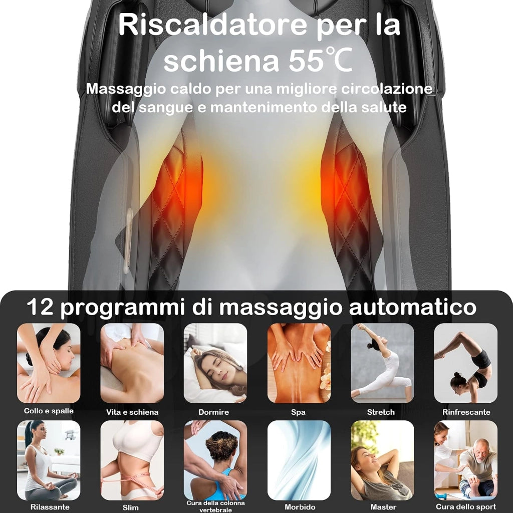 Poltrona Massaggiante 12 Modalità, a Zero Gravità, con Airbag e Rulli SL, Riscaldamento sullo Schienale, Rullo per Piedi, Rilevatore Corpo Automatico, Altoparlante Bluetooth e Timer (Nero)