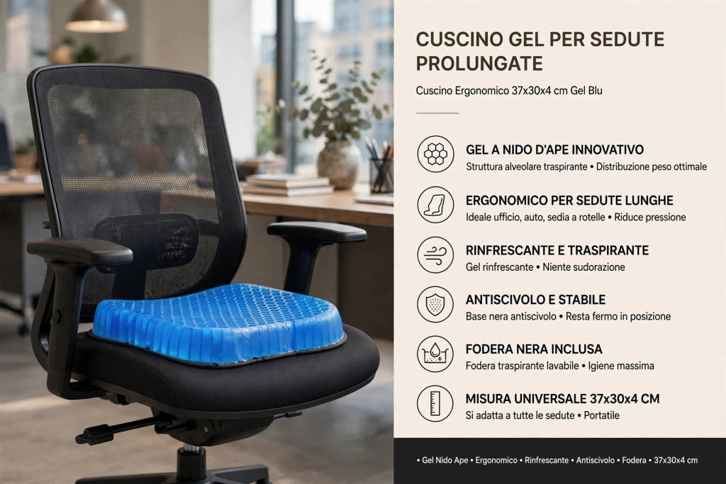 Set 3 Pezzi Cuscino Gel per Sedute Prolungate 37x30x4 cm Ergonomico