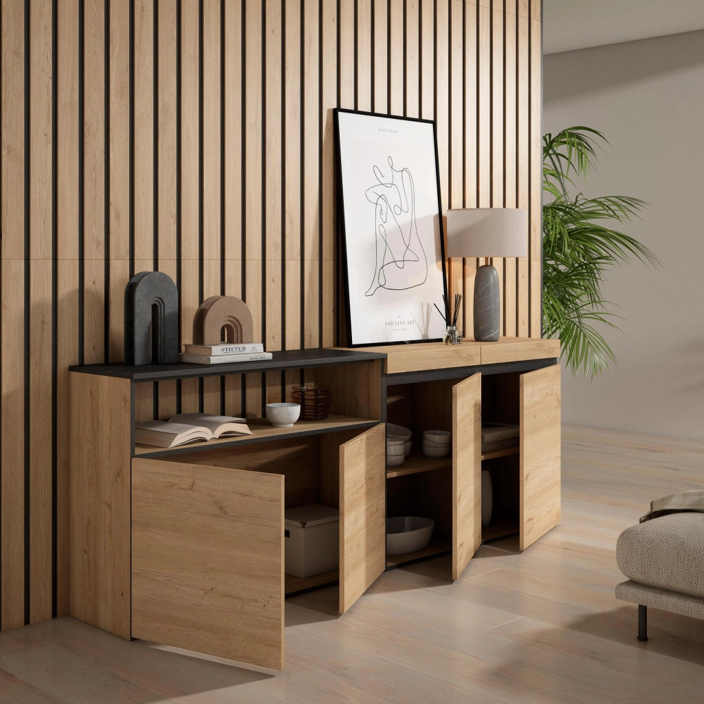 Credenza, Mobile, 200x35x75cm, 4 Porte, grande stoccaggio, colore Rovere e nero RF2308