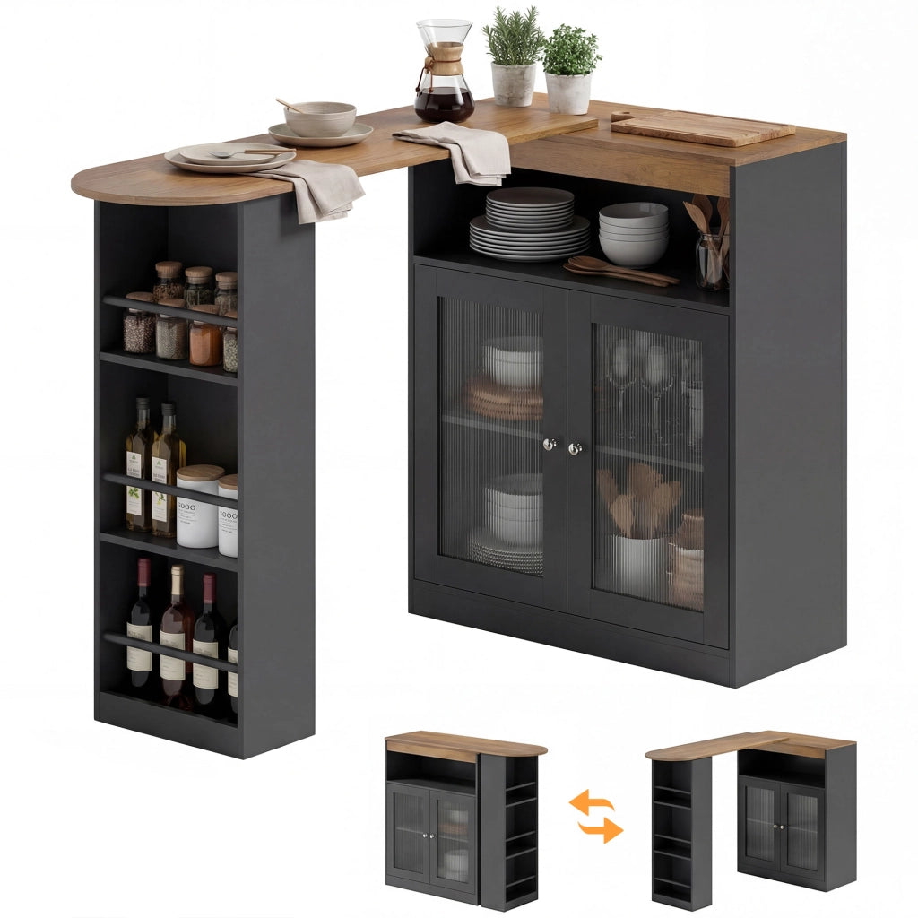 Tavolo da Bar Allungabile e Girevole con Ripiani e 2 Ante in Vetro ¨C Zephmum ¨C 150x80x105,5 cm Nero e Naturale