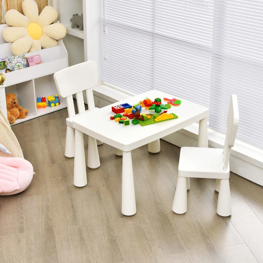 Set con tavolo e 2 sedie per bambini e libreria per bambini a 2 livelli, Set tavolo sedie bambini e libreria bimbi spaziosa