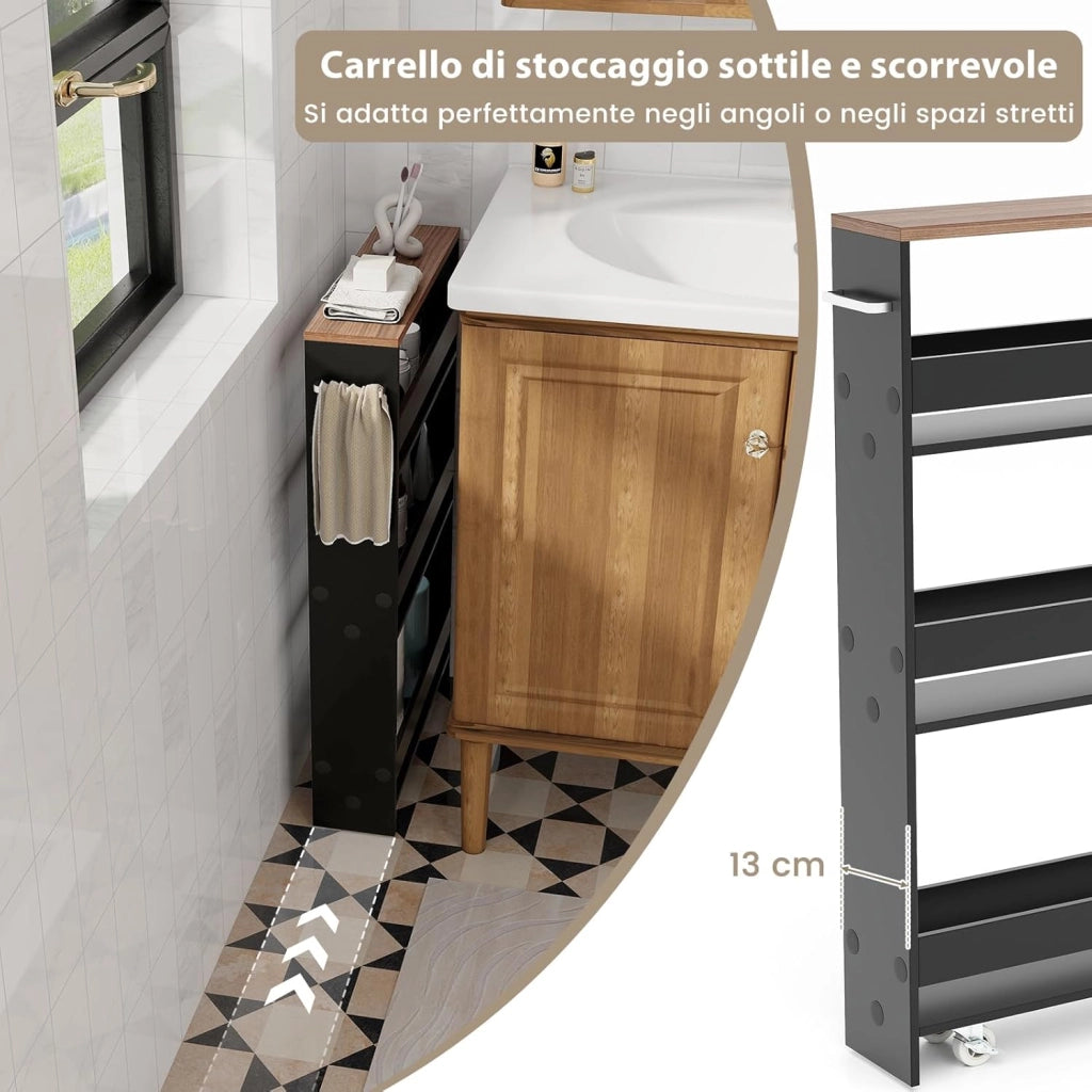Carrello Portaoggetti da Cucina, Scaffale con Maniglia Laterale e Ruote, Carrello Salvaspazio con 3 Scaffali Stretti, 47,5x13x80,5 cm (Marrone+Nero)