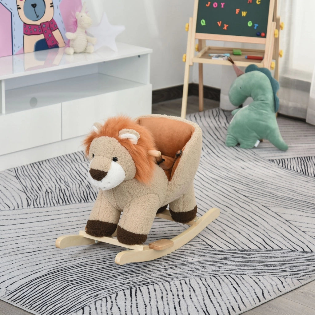 EasyComfort Dondolo Giocattolo a Forma di Leone per Bambini 18-36 Mesi, Ruggisce (3 Batterie Incluse), in Legno e Peluche