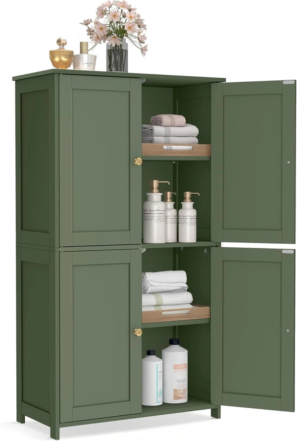 VASAGLE Mobiletto da Bagno, Armadietto con 2 Ripiani Regolabili, Portaoggetti con 4 Ante, Unità Alta Autoportante, per Cucina, Verde Foresta BBC553CH01