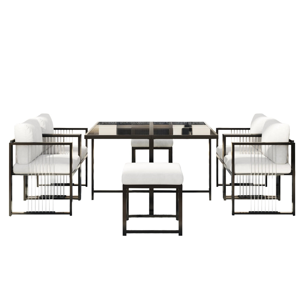 Set da pranzo da esterno 7 pezzi per 6 persone con tavolo 117x117 cm in vetro temperato; nero e bianco