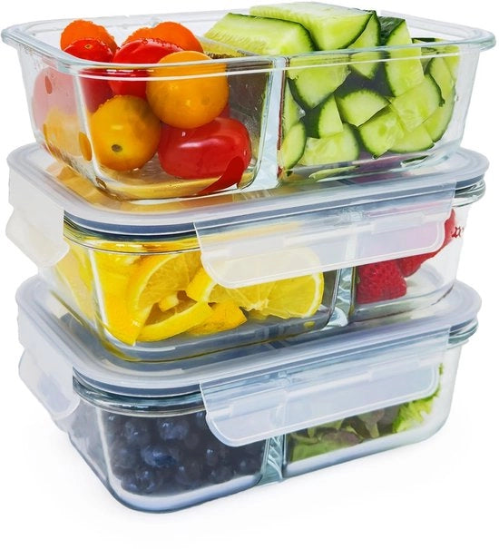 Set di 3 contenitori per 3 pasti con coperchio | Contenitori in vetro per alimenti | 2 compartimenti con distributore | Ercolino | Inerte al BPA | Resistente al calore | Resistente a microonde e congelatore | [3 x 1000 ml con distributore]