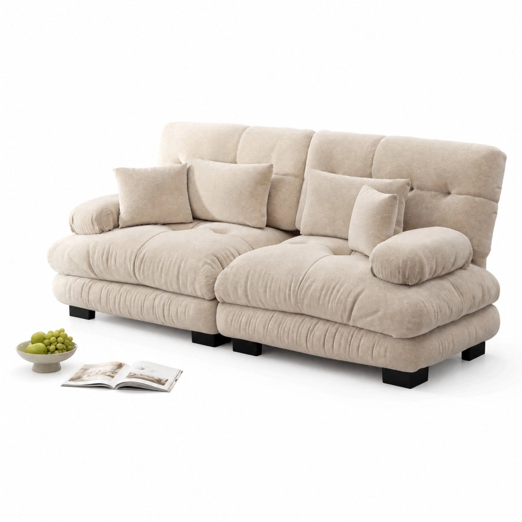 Divano modulare in chenille color caffè chiaro 220x77x81 cm con 4 cuscini