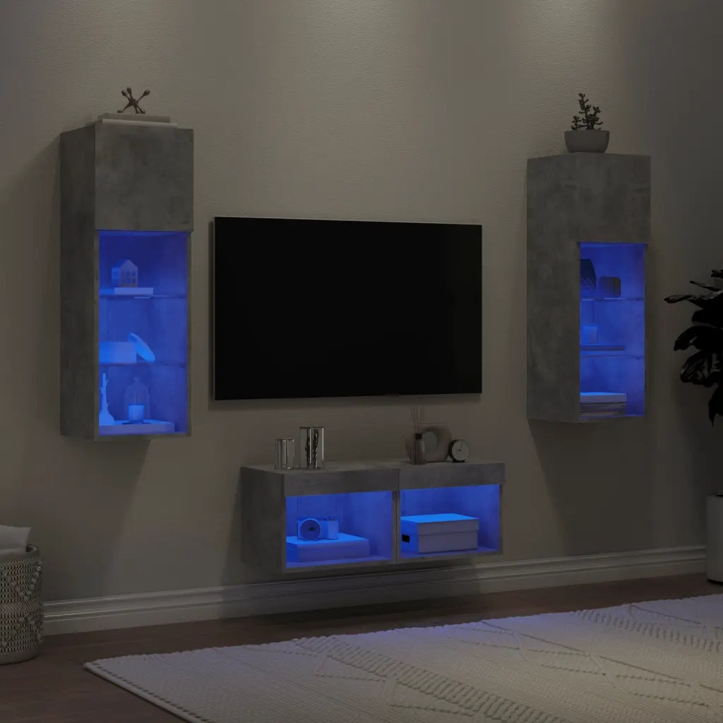 Mobili TV a Muro 4pz | Armadietto TV | Mobile Porta TV con Luci LED Grigio Cemento