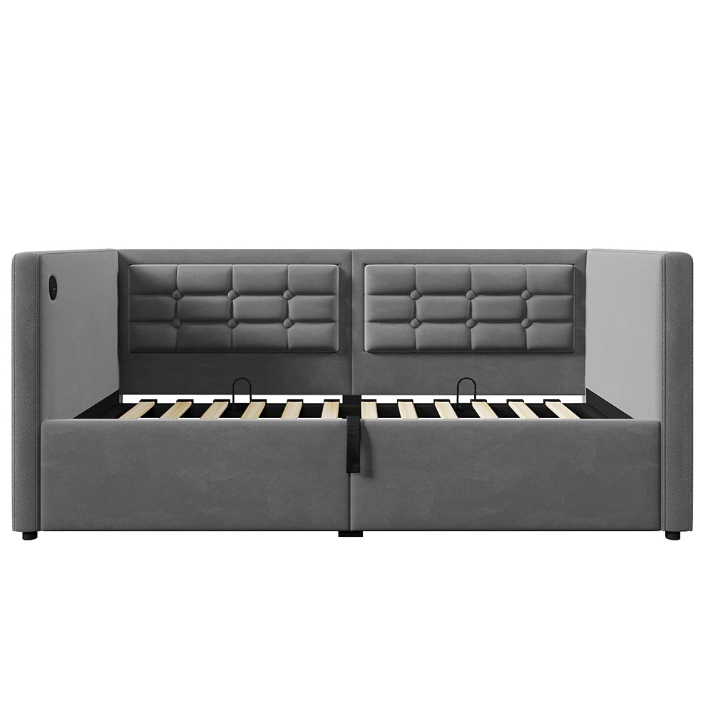 Divano letto-Xylo-90x200 cm-idraulico, USB-C, doghe legno, velluto, grigio