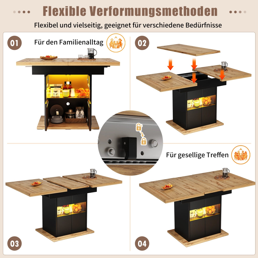 TAVOLO Allungabile 110-140x80x76 cm Nero Effetto legno con LED e vano contenitore