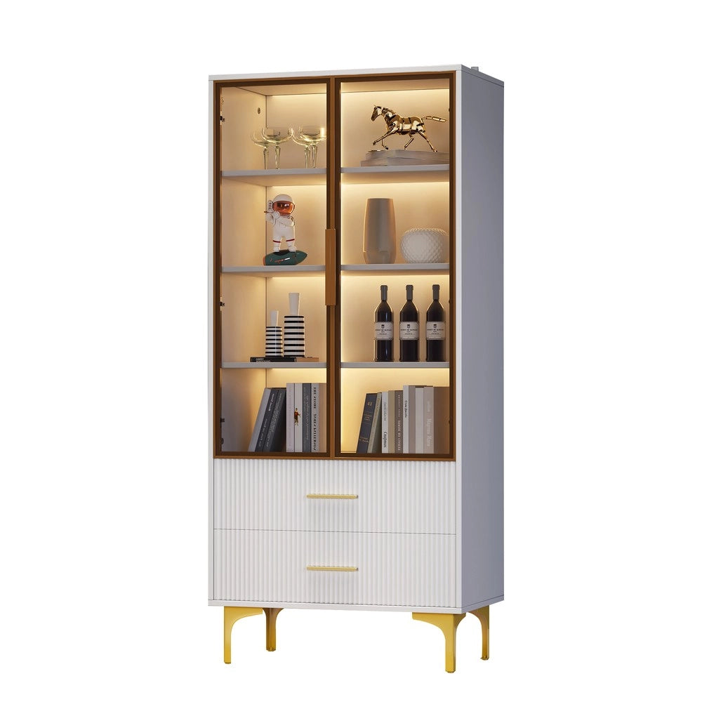 Vetrina in Vetro con 2 Ante e Luce LED ¨C MINIMAL ¨C Bianco/Oro, Ripiani Mobili, 70x35x150
