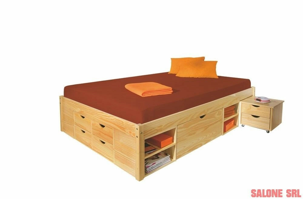 LETTO CON CONTENITORI +COMODINO CLAAS 166x209x47,5H PINO MASSELLO CON DOGHE