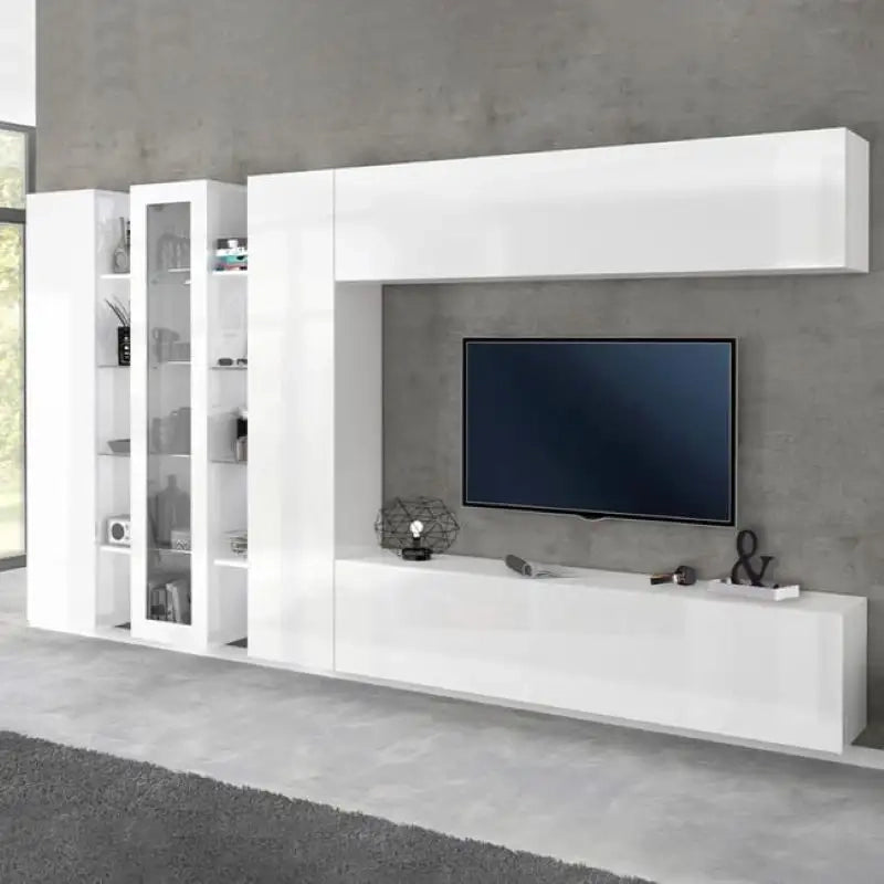 Parete attrezzata bianco lucido mobile TV vetrina 2 colonne pensile Joy Wide