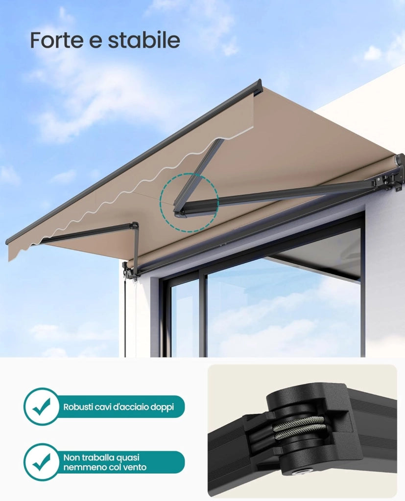 SONGMICS Tenda da Sole a Bracci Articolati, Tenda con Manovella, Parasole per Balcone, UPF 50+, Lega di Alluminio, Regolabile, 300 x 250 cm, Marrone Giallastro GSA306KZ01