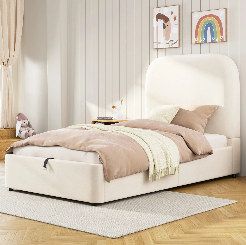 Letto imbottito singolo con contenitore idraulico; testiera imbottita in velluto beige