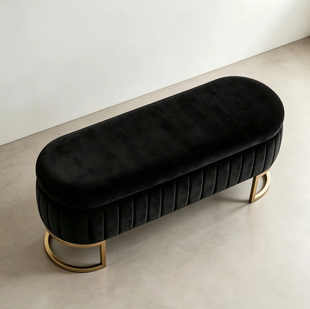 Panca contenitore in velluto nero 130 cm con piedi dorati