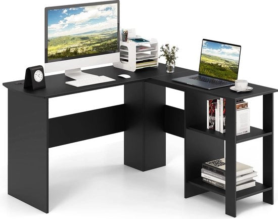 Scrivania a L con 2 prese per cavi e cassetti di archiviazione, tavolo angolare, tavolo da computer, tavolo da ufficio per casa o ufficio, 130 x 130 x 74 cm (nero)