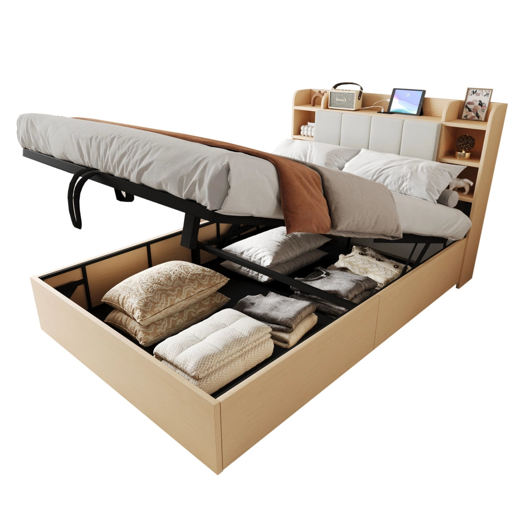 Letto con contenitore idraulico 140x200 cm in MDF; legno naturale; con testiera portaoggetti e USB