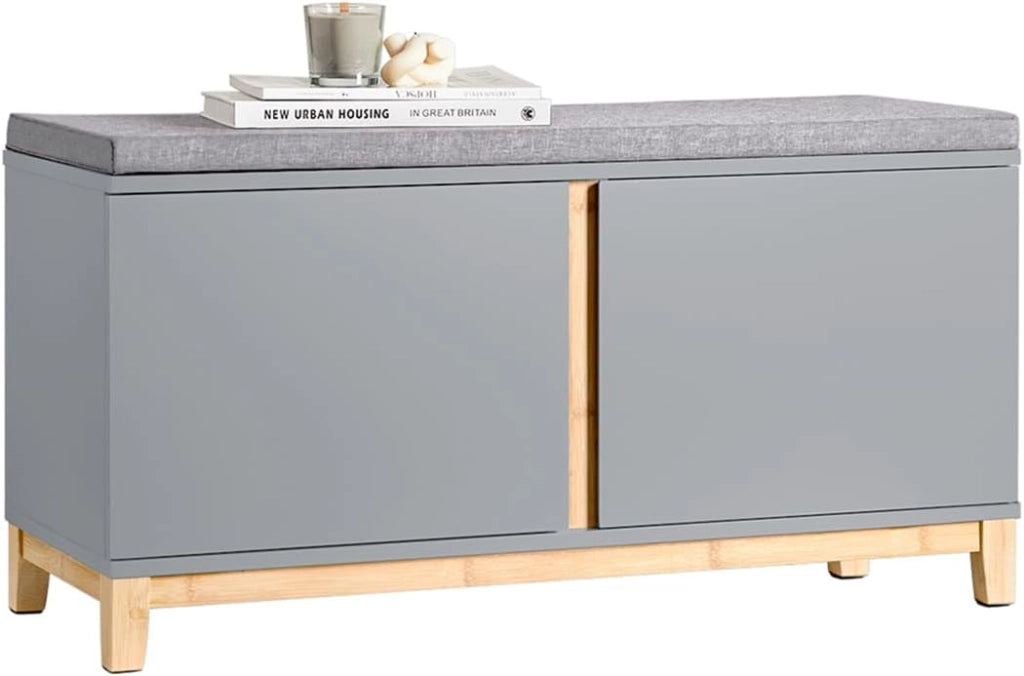 Panca Scarpiera Ingresso con Seduta, Cassapanca Contenitore da Interno con 2 Ante, in Legno ingegnerizzato + Bambù 90x34x46cm Bianco FSR117-W