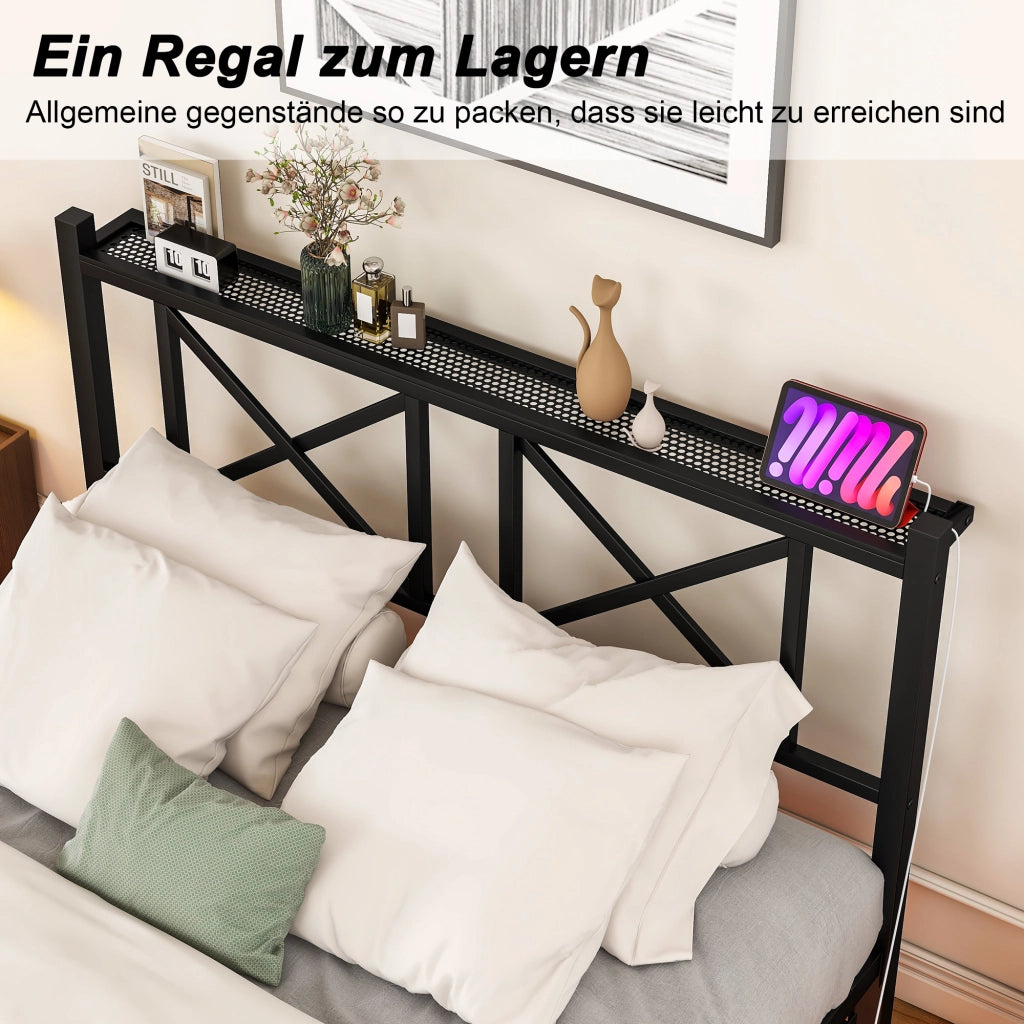 Letto matrimoniale 120 × 200 cm con illuminazione LED, stazione di ricarica et ripiano testiera, senza materasso, in metallo nero