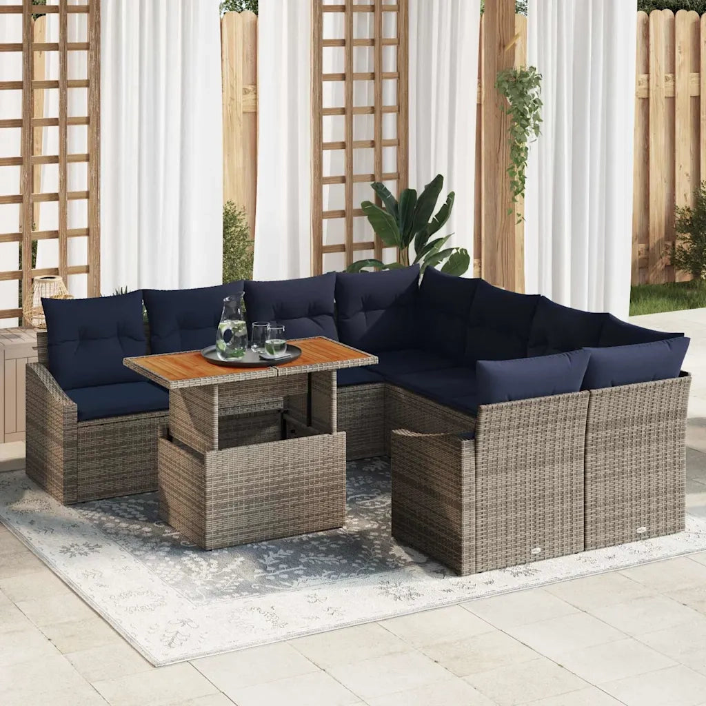 Set Divano da Giardino 9 pcs Grigio Poly Rattan