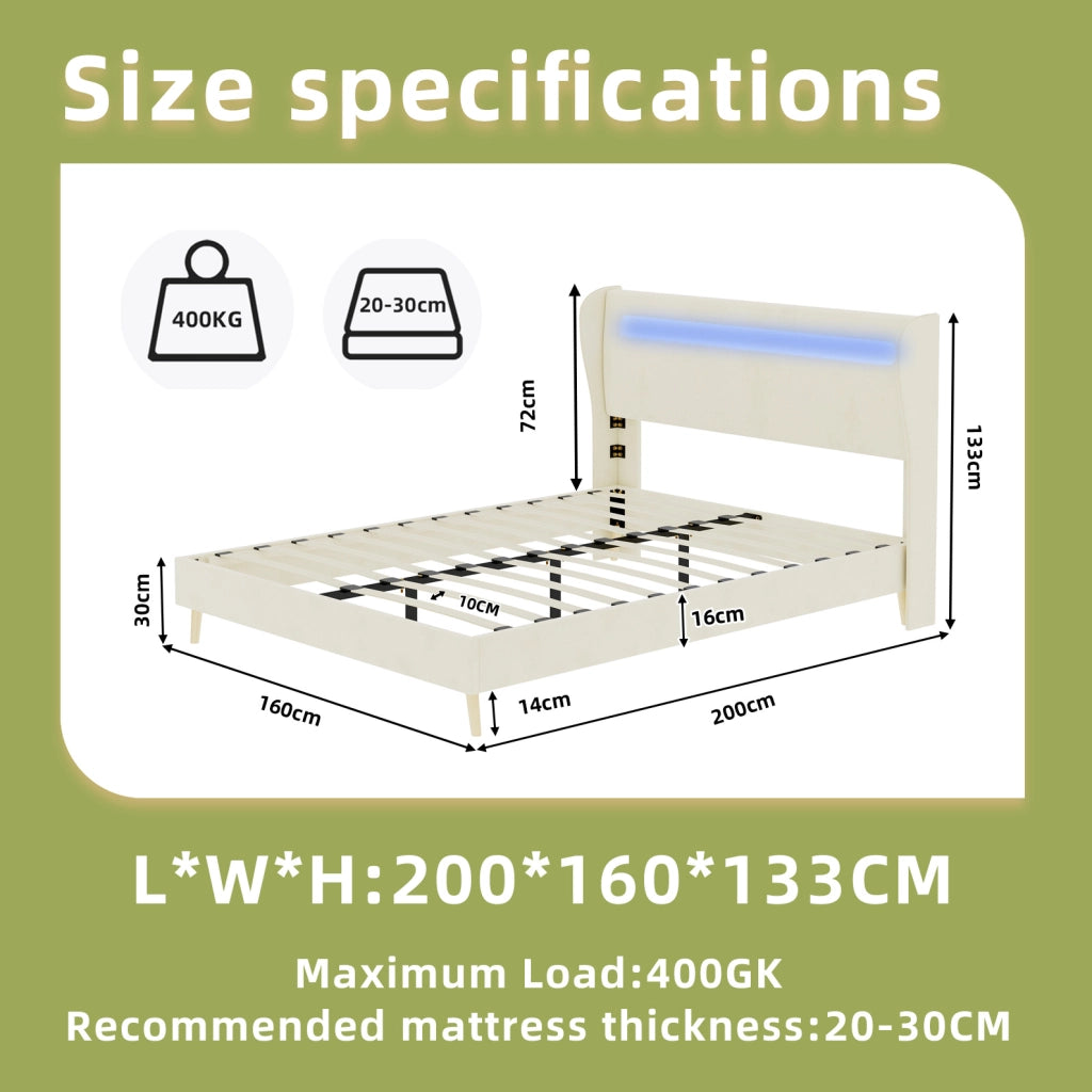Letto basso 160x200 cm con testiera regolabile e LED multicolore; tessuto e metallo; beige