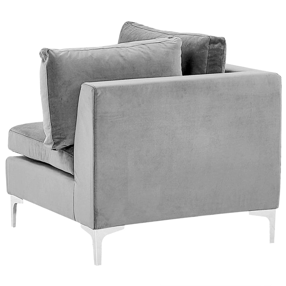 Divano ad angolo componibile versione sinistra a 5 posti in velluto grigio con gambe in metallo argento stile glamour