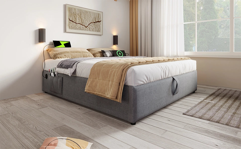 DESMIU Letto contenitore 160 × 200 cm 2 posti con USB, Type-C e vano, senza materasso, in cotone lino grigio