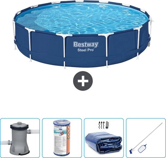 Piscina Rettangolare Acciaio - 396 x 84 cm - Blu - Incluso Filtro Pompaggio - Velo Solar - Kit Pulizia
