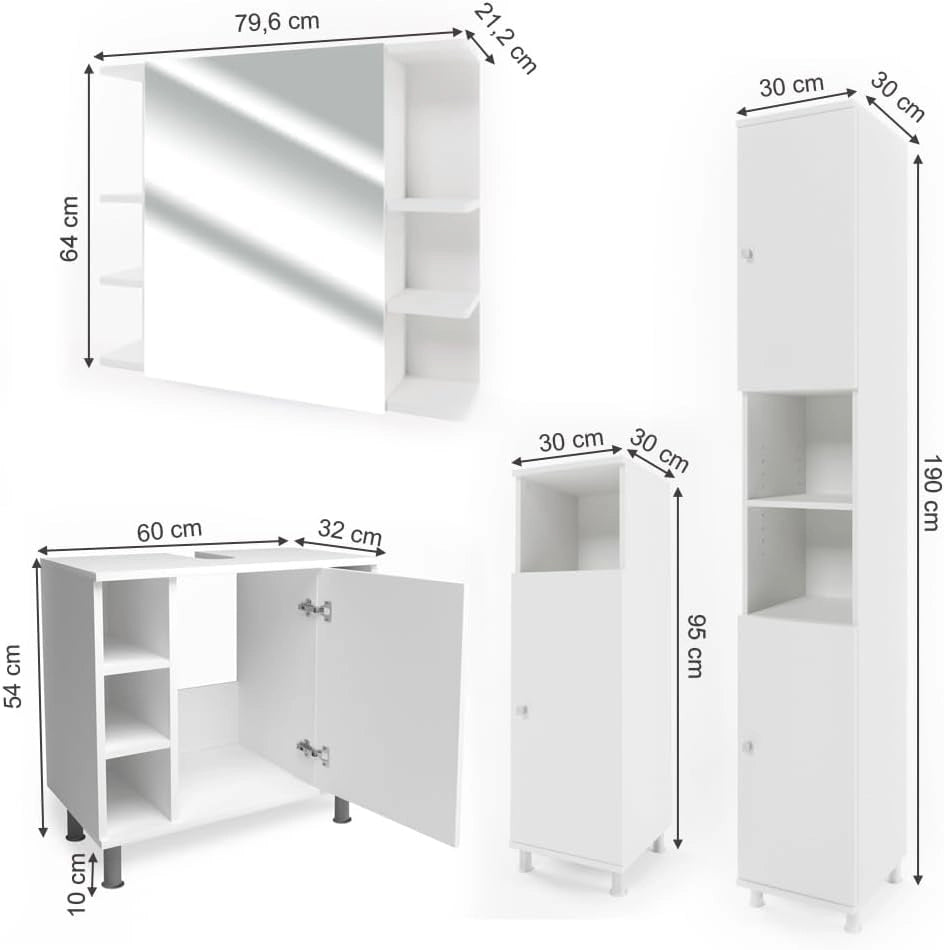 Set mobili bagno Fynn, Bianco, 60 cm, composto da mobile lavabo, pensile a specchio, colonna e base media