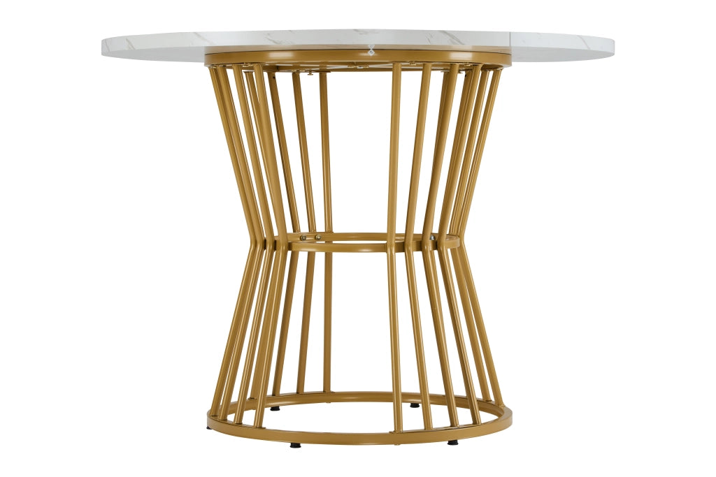 Tavolo da pranzo rotondo con piano in MDF effetto marmo, base in metallo, per cucina e soggiorno, bianco, Ø 100 cm