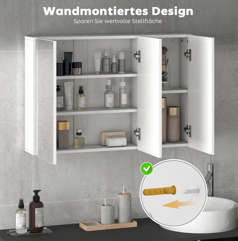 Armadio a specchio da bagno ULEVR 90x15,5x60 cm con 3 ante specchiate e 5 ripiani, bianco