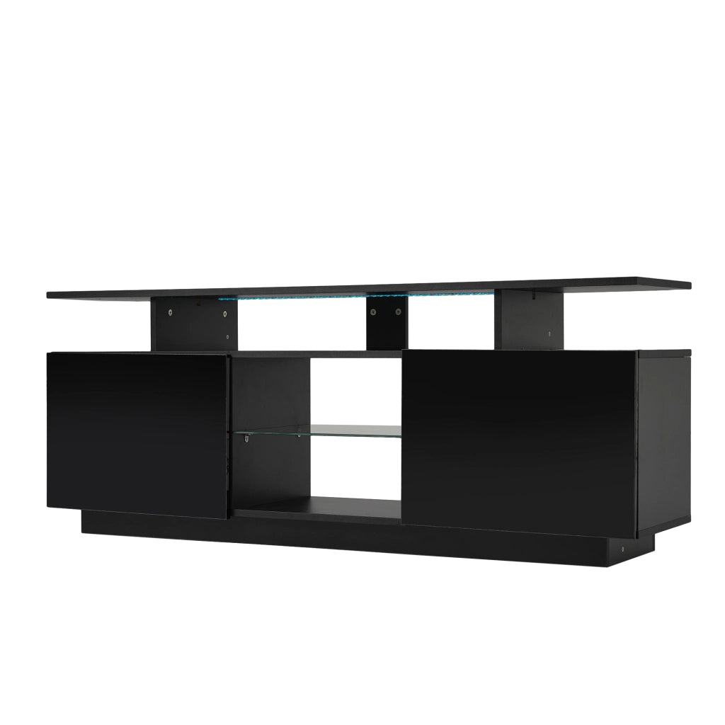 Mobile TV nero da 140 cm con illuminazione LED a 16 colori, 5 vani aperti e 2 ante lucide
