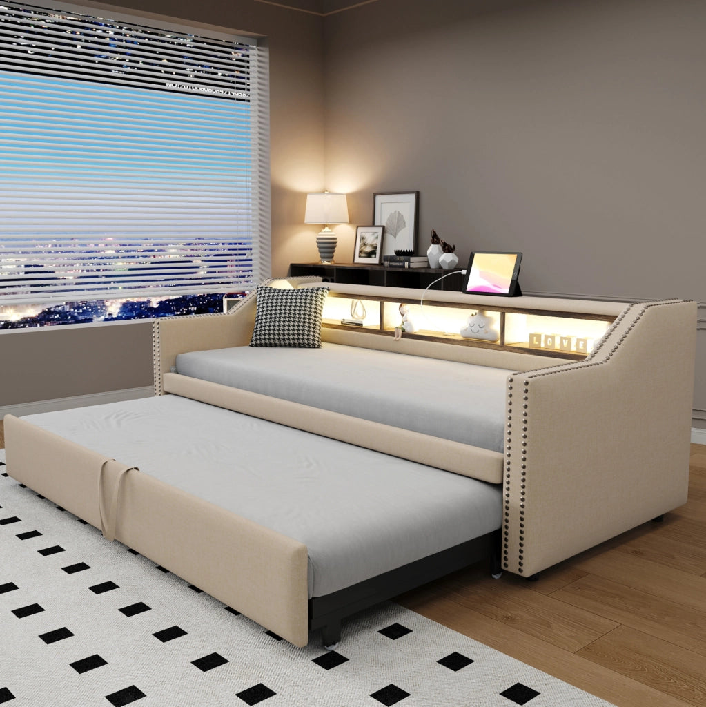 Divano letto imbottito estraibile 90/180 x 190 cm con LED; USB; rete a doghe e 2 materassi beige