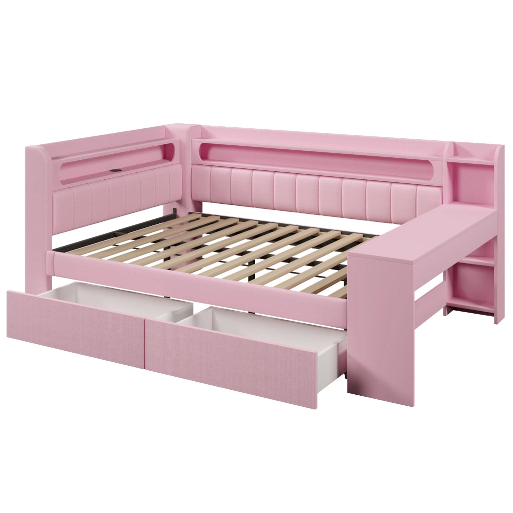 Letto imbottito 140x200 cm con LED; USB; scrivania integrata e 2 cassetti rosa