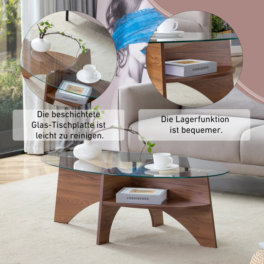 Tavolino da caffè ovale in vetro di sicurezza e MDF color noce con ripiano