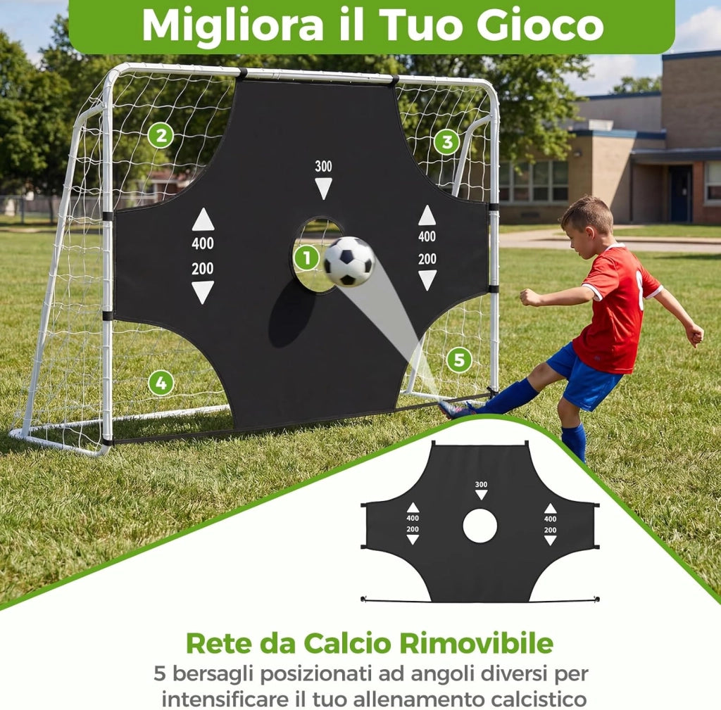 Porta da Calcio 2 in 1, Porta da Calcio con Parete di Tiro Rimovibile, 5 Fori, Picchetti e Fascette, Set di Rete con Bersaglio, per Bambini e Adulti, 215 x 77 x 152 cm