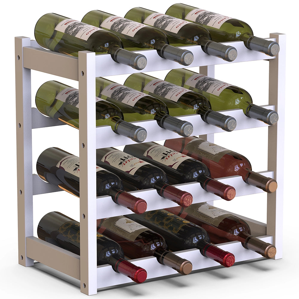 Cantinetta Portavino in Legno Bambù Bianco con 16 Scomparti Bar Portabottiglie
