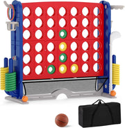 4 in 1 Forza 4 Gigante, Set di Gioco 4 in Fila con Lancio degli Anelli, Canestro da Basket, Palla, Mazza da Golf, Porta Bicchieri, Borsa e Tasca a Rete, Forza 4 Regolabile in Altezza (Rosso)