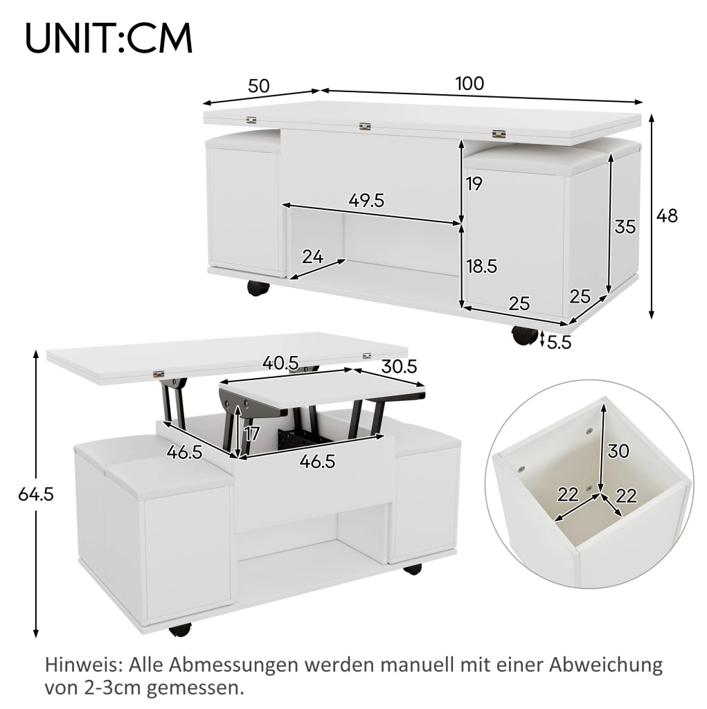 Tavolino da salotto sollevabile multifunzione 100 x 100 x 63;5 cm; bianco; in truciolare