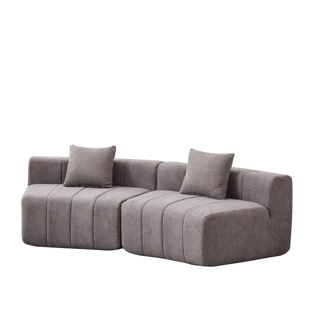Modulo divano curvo modulare in chenille grigio con 2 cuscini, design a semicerchio