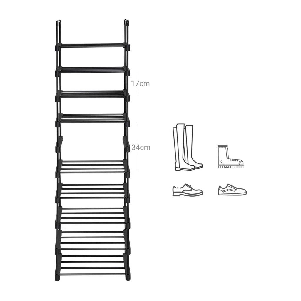 Scarpiera a 10 ripiani versatile unità di stoccaggio struttura in ferro personalizzabile salvaspazio per corridoio soggiorno camera da letto 45 x 30 x 174 cm nero 12_0005461