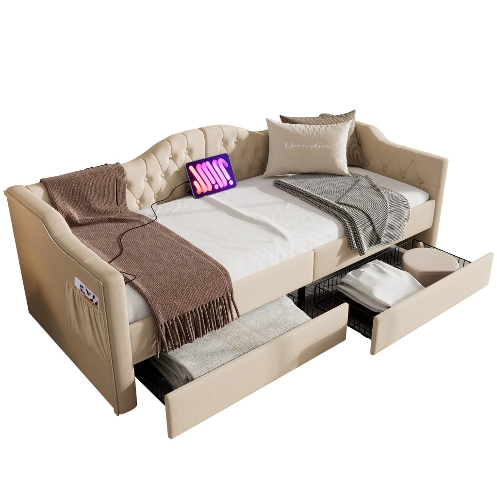 Letto daybed in velluto beige 90x200 cm con 2 cassetti; USB e Type-C