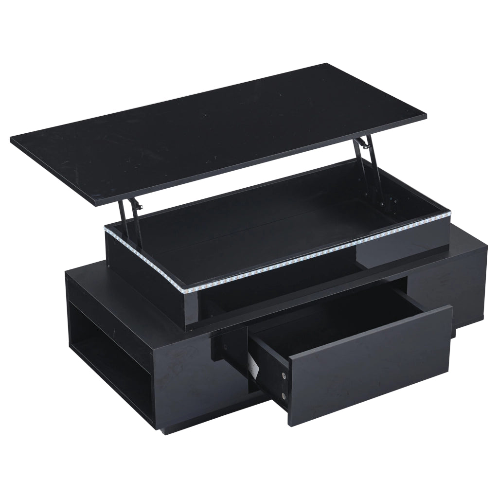 OKWISH Tavolino da salotto alzabile con 1 cassetto e vano nascosto, LED, ripiani semiaperti, 96 x 45 x 40 cm