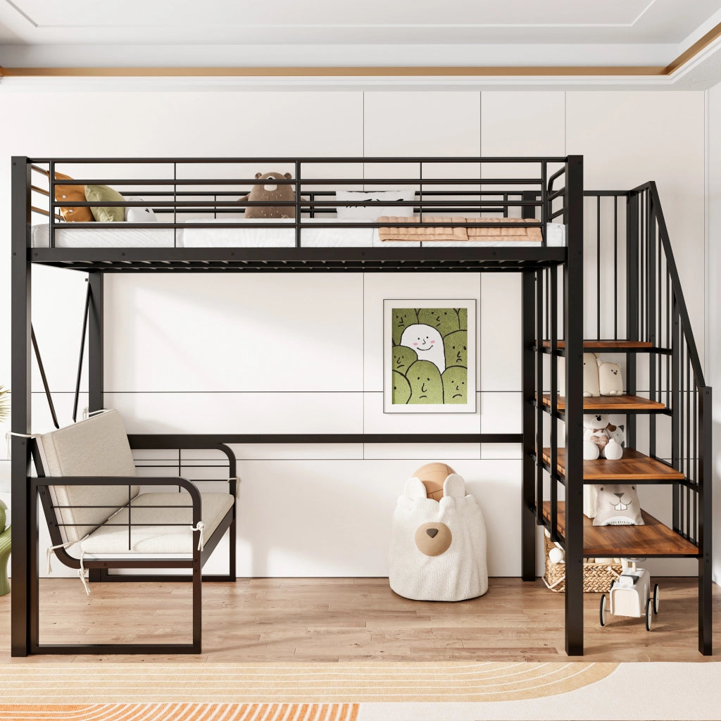 Letto a castello 90 × 200 cm con divano imbottito, scala con contenitore, senza materasso, metallo nero