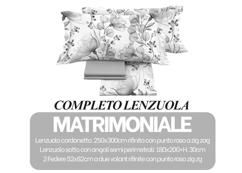 Completo Lenzuola Matrimoniale 100% Raso Cotone Floreale Dis. Angelica