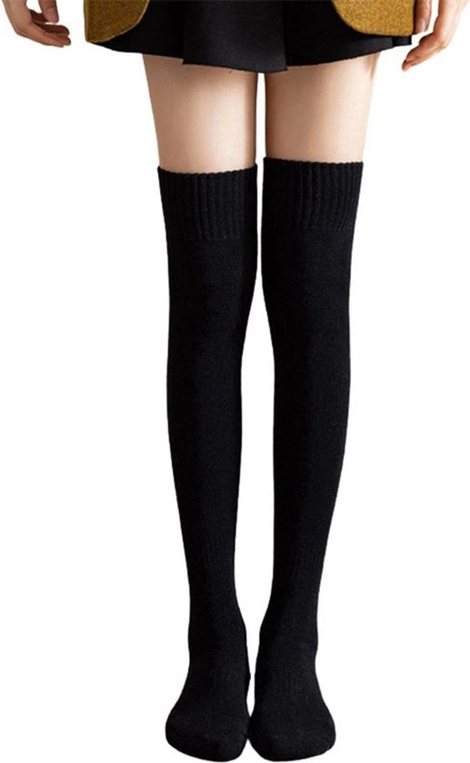 Calze per ginocchia per donne - calze di cotone morbidi - calze di spugna calda - calzettoni per inverno - calzettoni per gambe lunghe - calzettoni casual - calze di cotone con rullo - Nero + Bianco - 22*55cm